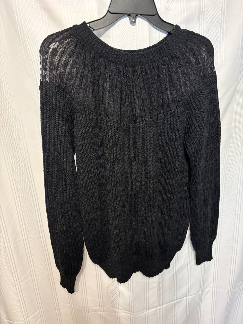 Black Lace Yoke Ribbed Crewneck Sweater